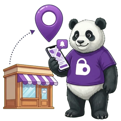 BonusQR panda with a location pin and a GEO notification