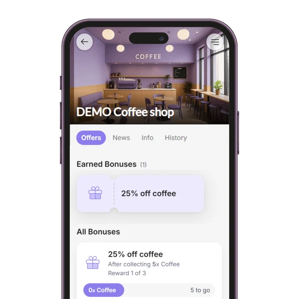 Tiered stamp card loyalty program in the BonusQR customer app