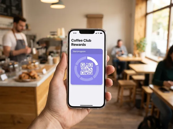 Customer holding a phone showing a BonusQR loyalty card saved in Apple Wallet with a QR code in a coffee shop
