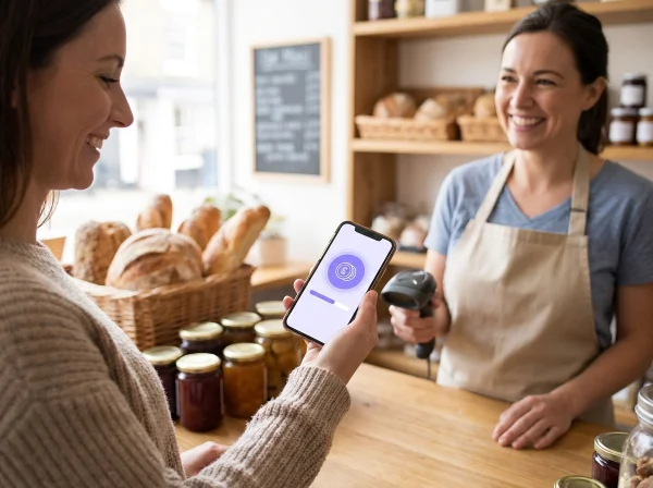 Customer in a deli showing her cashback credit in a loyalty app at the counter