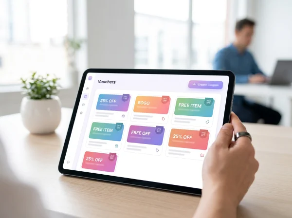 Tablet egy BonusQR hűségprogram-app kuponkezelő irányítópultjával, színes utalványkártyákkal