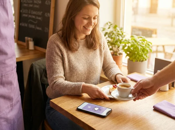 Regular customer in a bistro with a members-only offer shown in her loyalty app