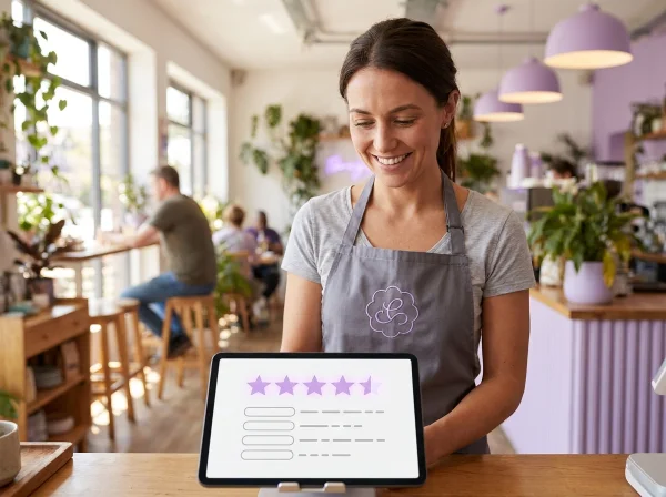 Café owner reading five-star customer feedback on a tablet