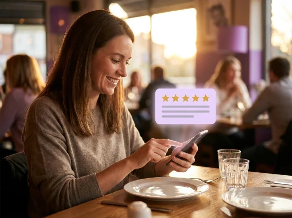 Restaurant guest giving a five-star rating on her phone