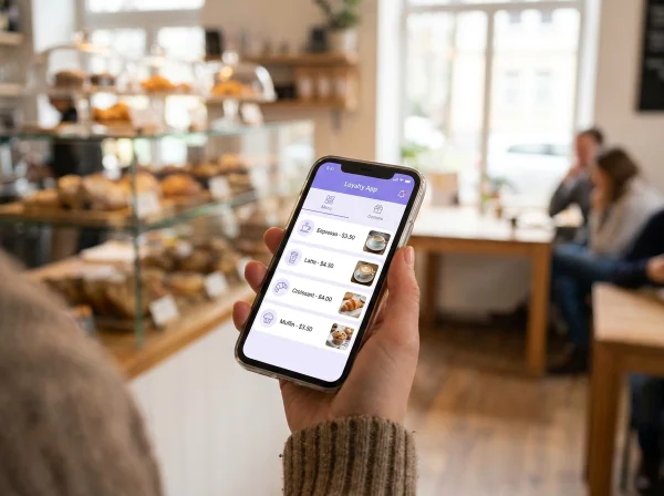 Klient trzymający telefon z cyfrowym menu kawiarni z cenami w aplikacji lojalnościowej BonusQR