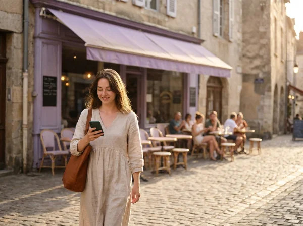 カフェの前を通りかかった女性客が、スマートフォンに届いたGEO通知を見ています。