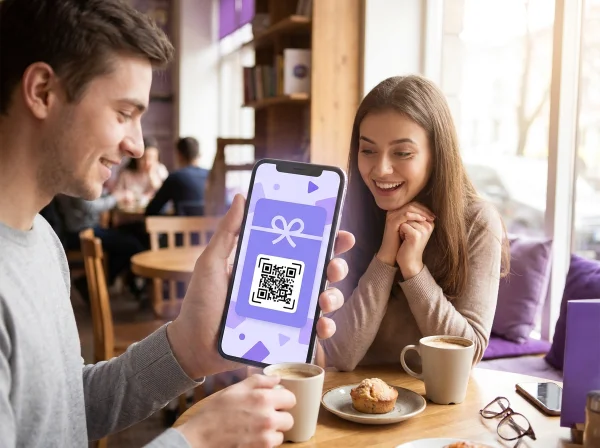 Friend showing a digital gift voucher on a smartphone in a café