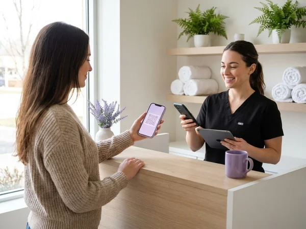Spa receptionist scanning a gift voucher QR code on a client’s phone