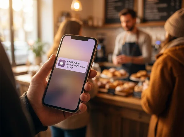 Telefono di un cliente sul bancone di un bar che mostra una notifica push dell'app fedeltà BonusQR su un nuovo premio