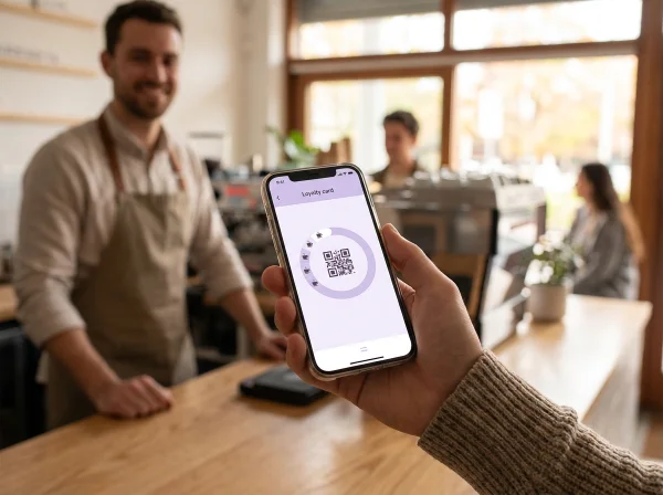 Kunde hält ein Handy mit einer digitalen BonusQR-Treuekarte mit QR-Code in einem Café