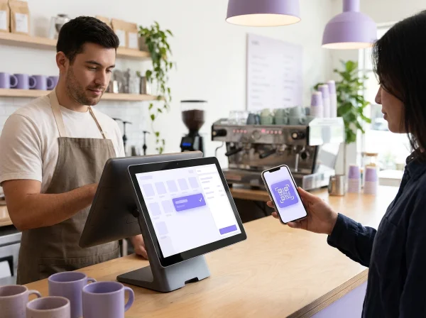 Cashier at a café POS terminal and a customer with a loyalty QR code