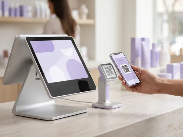 POS touchscreen and QR scanner reading a customer’s loyalty code