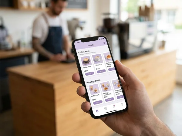 Zákazník prezerá predplatené kávové permanentky v e-shope vernostnej aplikácie BonusQR v telefóne