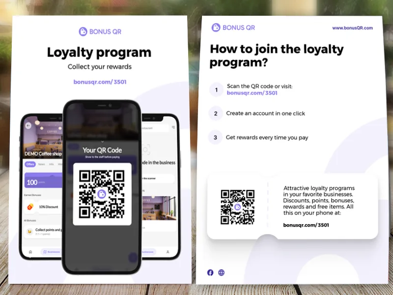 Front and back of a loyalty program flyer with a QR code