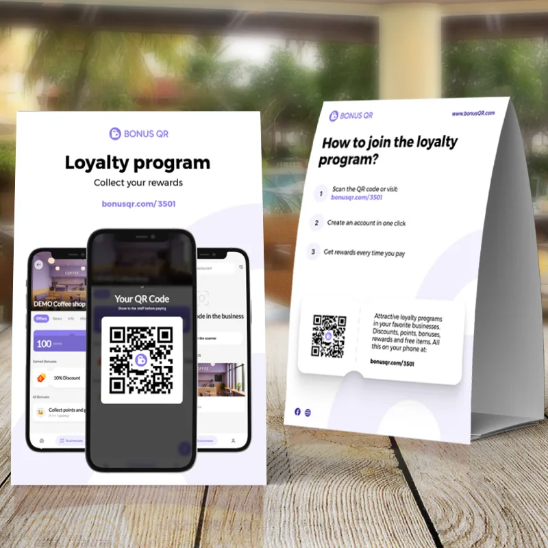 Table stand with a QR code and steps for joining the loyalty program