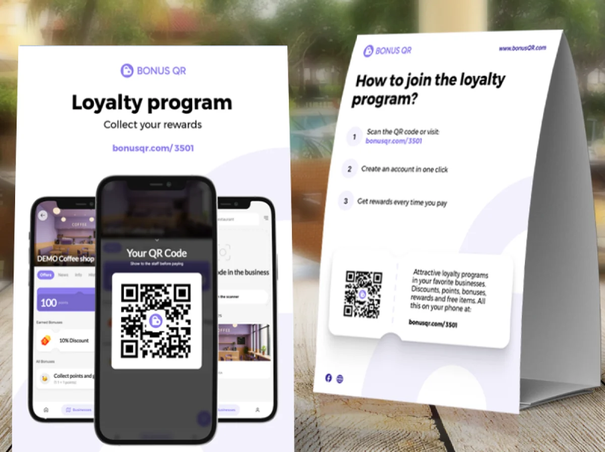 BonusQR loyalty table stand and A5 flyer with a QR code on a café table