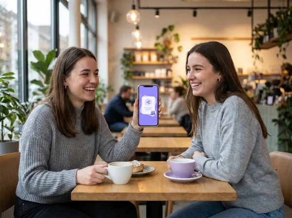 Two friends in a café, one sharing a loyalty program invitation on her phone