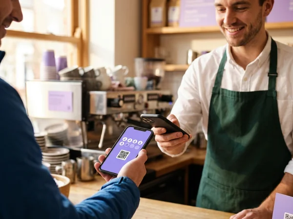 Barista scannant le QR code de fidélité d’un client régulier pour enregistrer sa visite dans un café