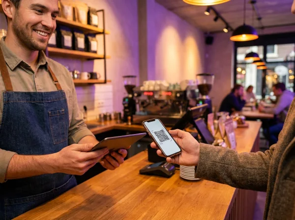 Cafe staff member scanning a customer’s phone QR code with a tablet to add loyalty points