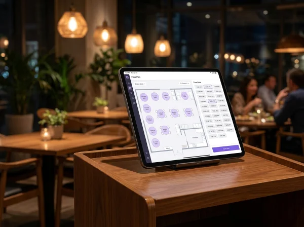Tablet on a restaurant host stand showing the BonusQR table-booking floor plan and time-slot grid