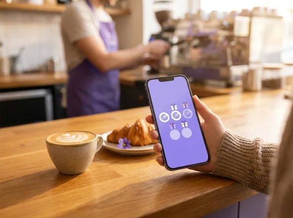 Customer in a café showing a digital stamp card with several reward stages