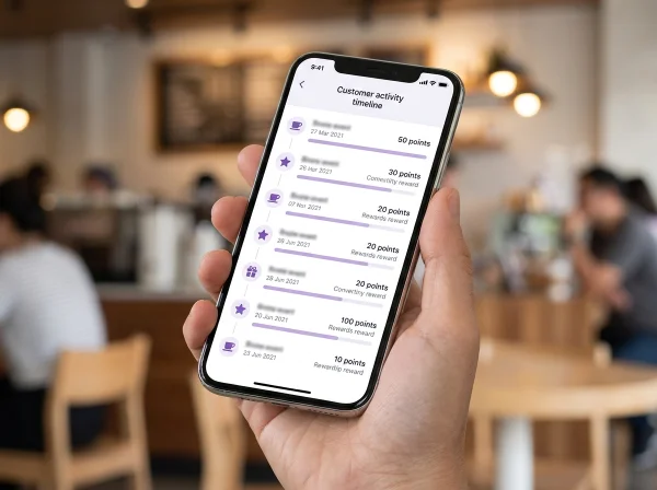 Smartphone showing a BonusQR loyalty app customer activity timeline with visits, points and rewards