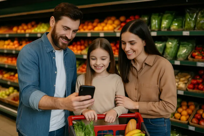 eine lächelnde dreiköpfige Familie - Vater, Mutter und Tochter - steht in der Gemüseabteilung eines Lebensmittelgeschäfts und schaut beim Einkaufen gemeinsam auf ein Smartphone