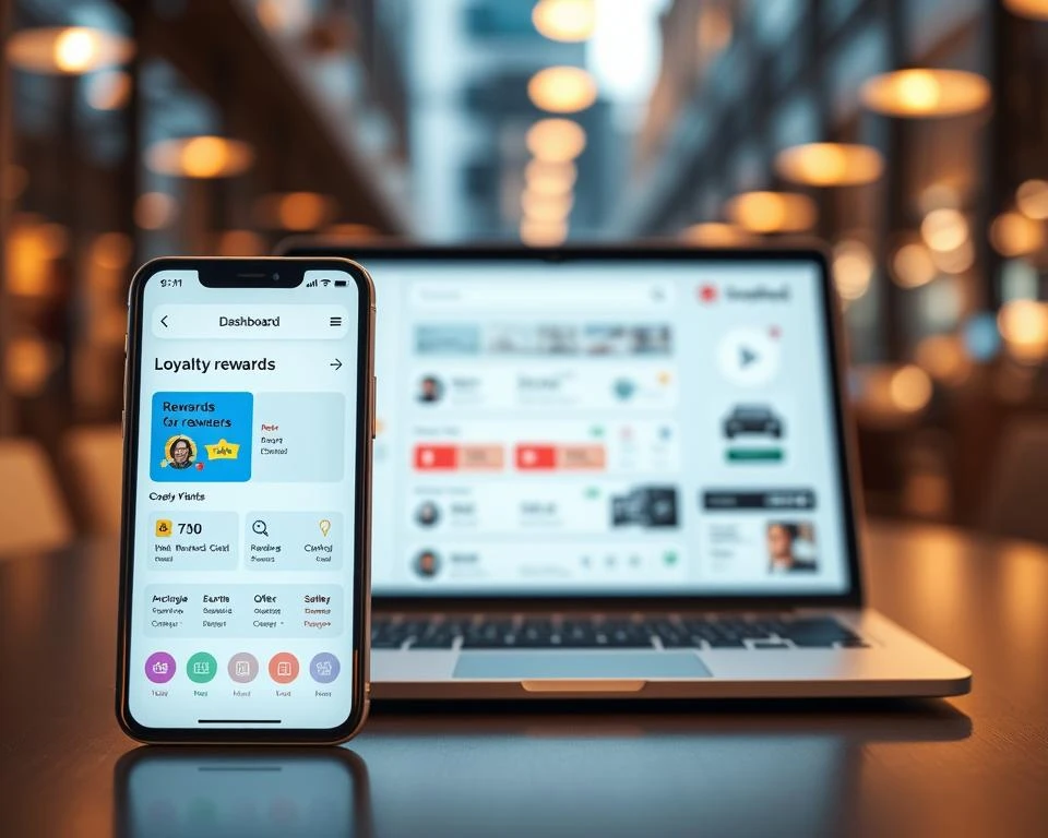 Eine schlanke und moderne Oberfläche für eine Treueprämien-App mit einem übersichtlichen und intuitiven Dashboard. Im Vordergrund ist ein mobiles Gerät mit dem Startbildschirm der App zu sehen, der ein optisch ansprechendes Layout der Benutzerprämien, Punkte und anpassbaren Angebote zeigt. Im Mittelgrund ist ein Tablet oder Laptop abgebildet, der das Design und die Funktionalität der mobilen App widerspiegelt. Im Hintergrund ist eine unscharfe Stadtlandschaft oder Büroumgebung zu sehen, die ein Gefühl von Professionalität und technologischer Integration vermittelt. Warme Beleuchtung und eine subtile Tiefenschärfe sorgen für eine ausgefeilte, hochwertige Ästhetik, die mit dem Thema 