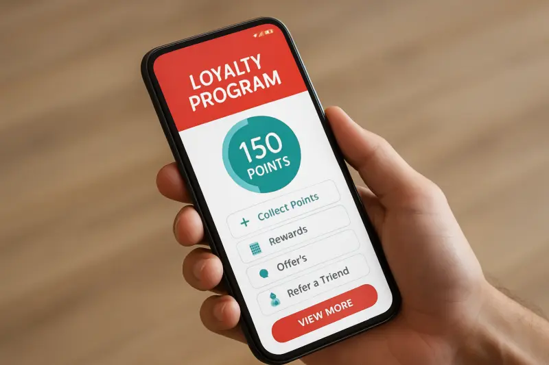 eine Person, die ein Smartphone in der Hand hält, das den Bildschirm einer Treueprogramm-App mit 150 Punkten und Schaltflächen mit der Aufschrift 