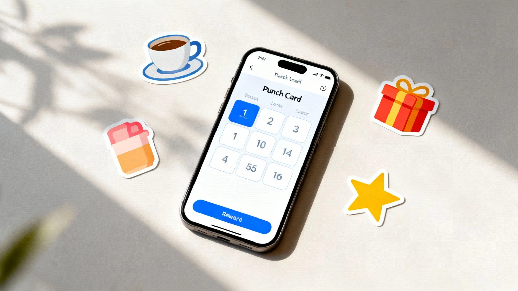 Una carta premio digitale sullo schermo di uno smartphone che mostra i punti accumulati, sullo sfondo di una caffetteria.
