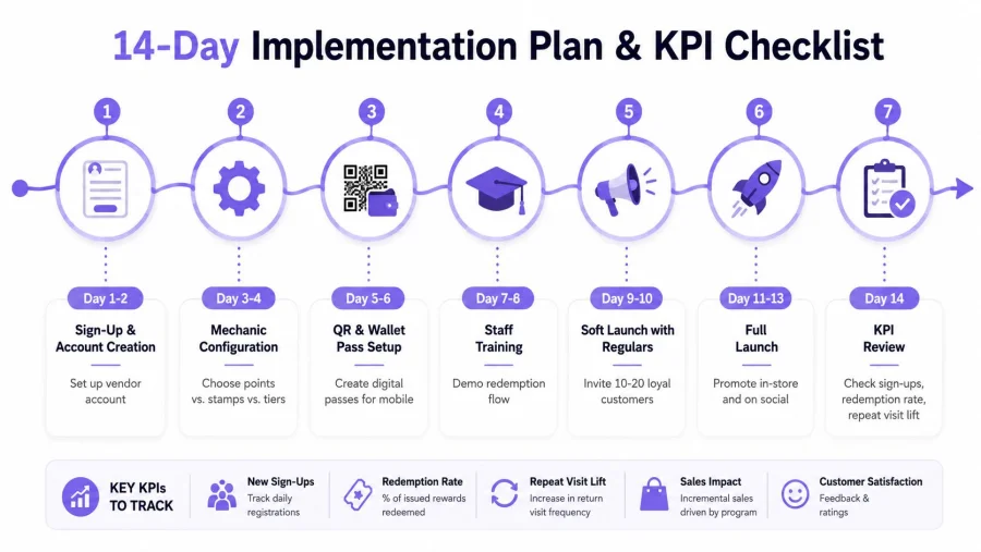 A 14-day implementation plan infographic for loyalty programs outlining steps from account creation to KPI performance reviews.