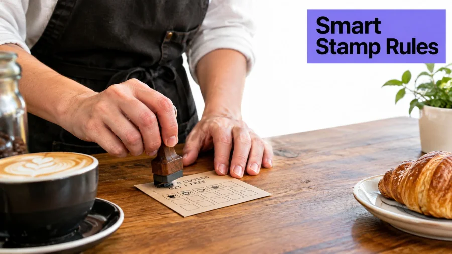 A barista stamping a loyalty coffee card on a wooden table next to a coffee cup and croissant.