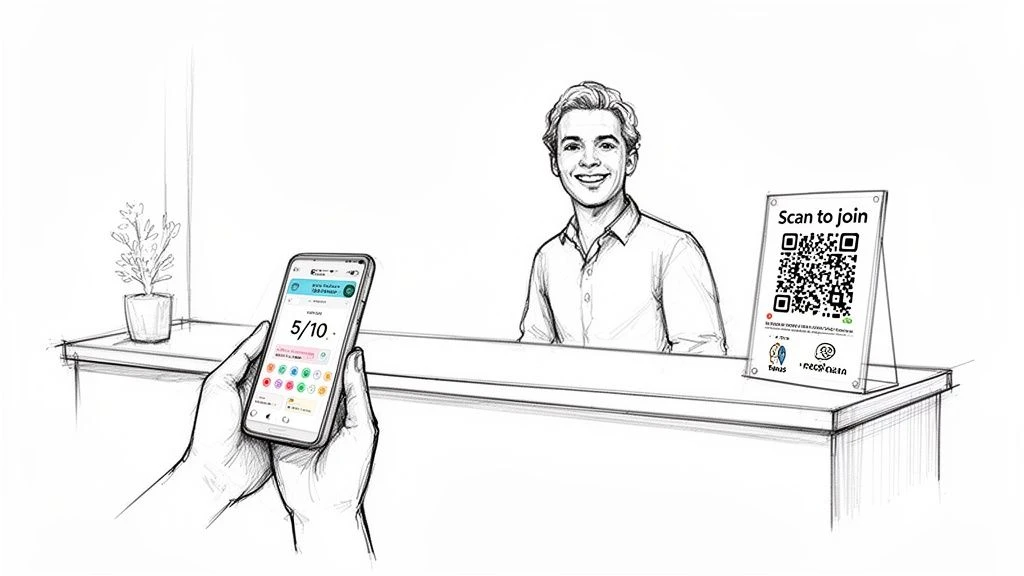 A black and white sketch featuring a smiling person behind a counter, a smartphone with an app, and a 'Scan to join' QR code sign.