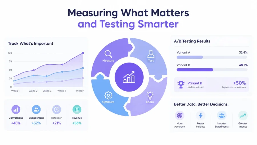 A business dashboard showing A/B testing results, key growth metrics, and a four-step optimization cycle infographic.