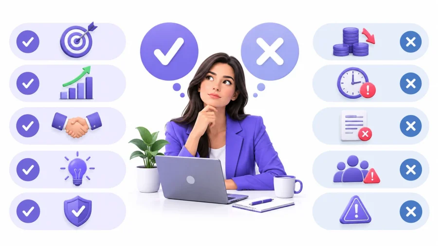 A businesswoman sitting at a desk contemplating business growth pros and cons with various icons.