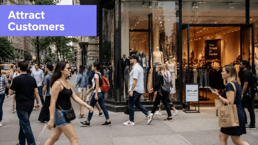 Una acera concurrida de la ciudad con muchos peatones caminando frente al escaparate de una tienda de ropa.