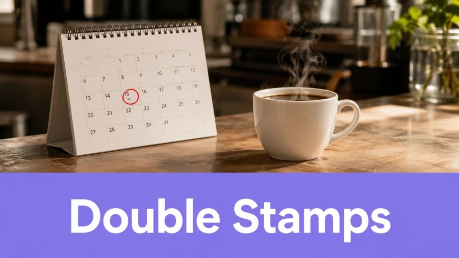 A calendar on a table with the 15th circled, beside a steaming hot cup of coffee.