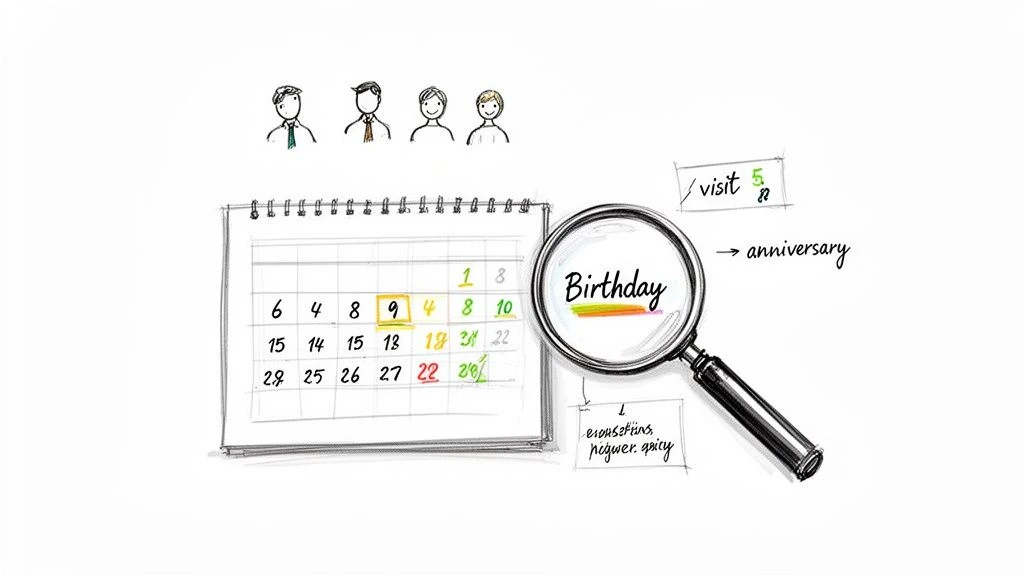 Ein Kalender mit markierten Terminen, Strichm&auml;nnchen und einer Lupe, die 