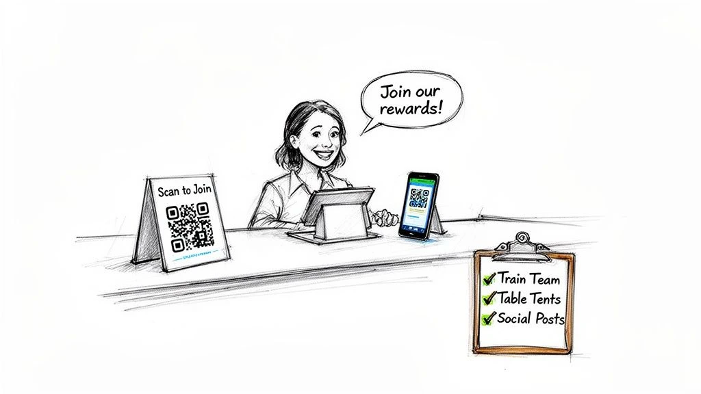 Ilustraci&oacute;n animada de una mujer que promociona un programa de recompensas con c&oacute;digos QR y una lista de comprobaci&oacute;n.