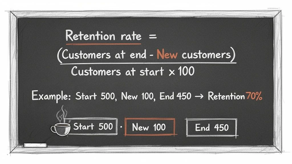Eine Tafel, auf der die Formel für die Kundenbindungsrate steht: (Kunden am Ende - Neukunden) / Kunden am Anfang à 100, mit einem Rechenbeispiel.