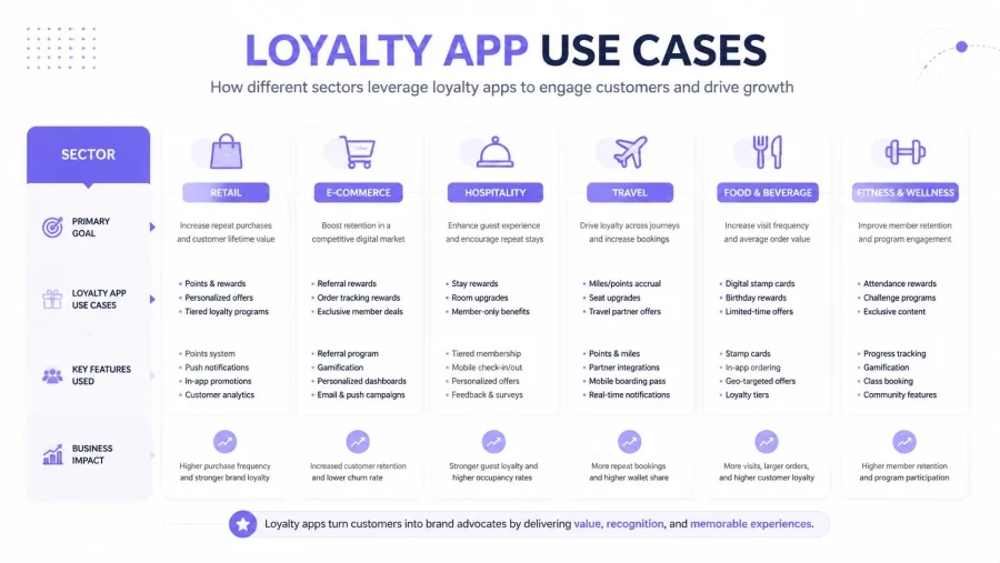 A chart detailing loyalty app use cases and business impacts across various sectors like retail and hospitality.