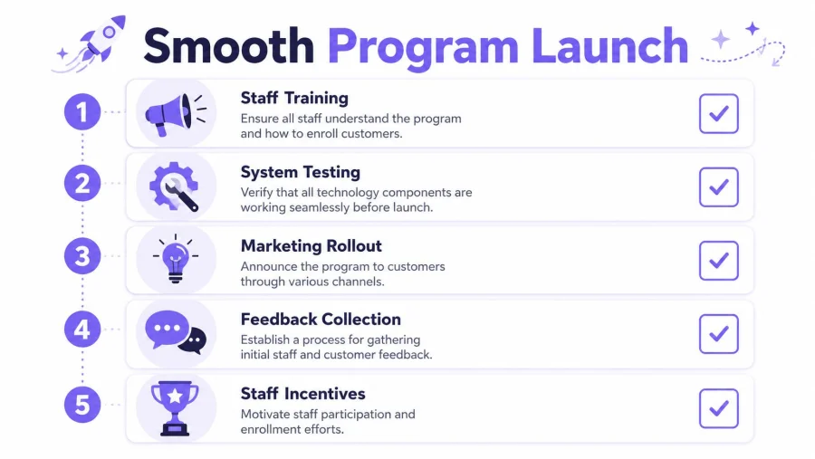 A checklist graphic illustrating a five-step plan for a successful business program launch and implementation.