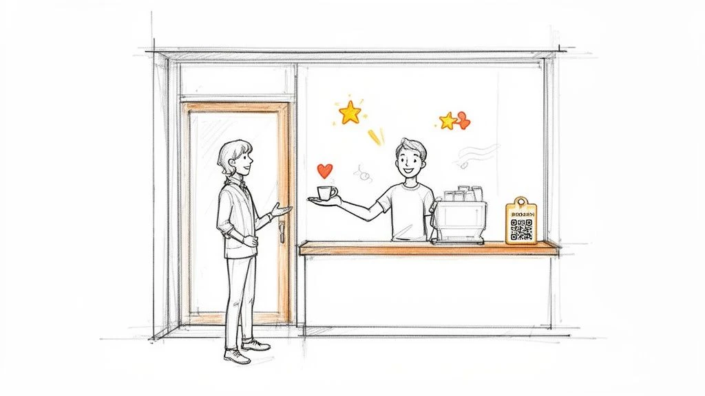 Vesel&yacute; barista pod&aacute;v&aacute; k&aacute;vu usměvav&eacute;mu z&aacute;kazn&iacute;kovi v kav&aacute;rně ve stylu skic.