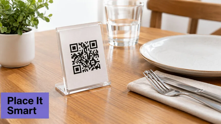 A clear acrylic stand displaying a QR code for a digital menu on a restaurant wooden table.