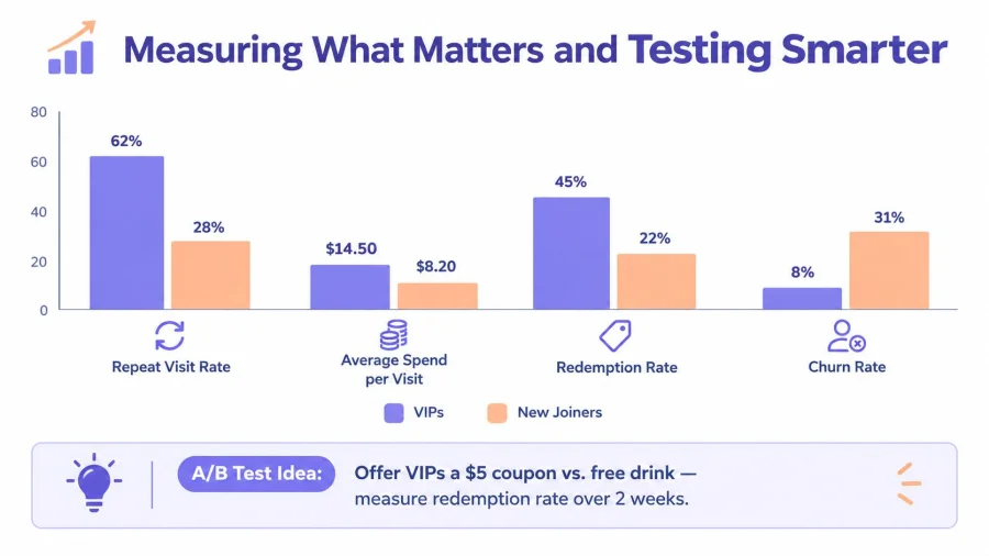 A comparative bar chart showing performance metrics for VIPs versus New Joiners across four key loyalty categories.