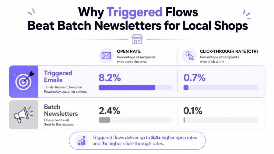 Ein Vergleichsdiagramm, das zeigt, dass getriggerte E-Mails deutlich besser abschneiden als Batch-Newsletter f&uuml;r lokale Gesch&auml;fte.