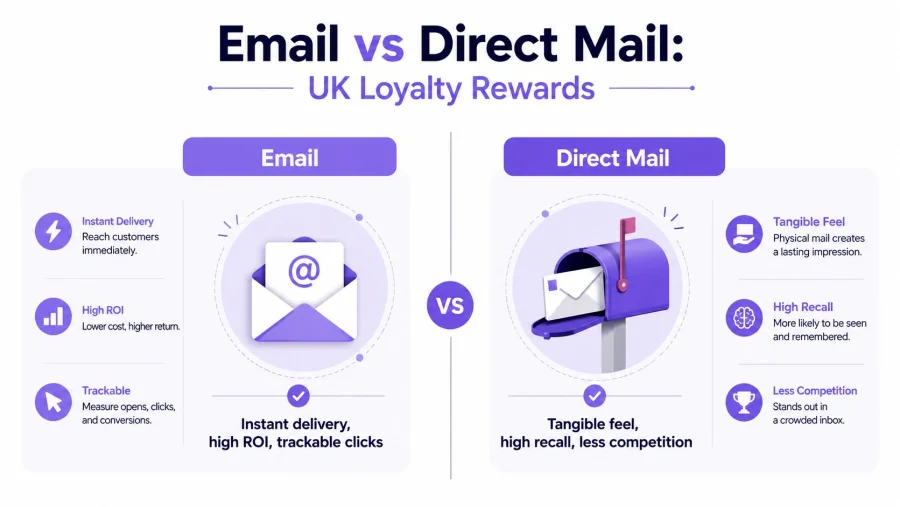 A comparison infographic between Email and Direct Mail marketing strategies for UK loyalty reward programs.