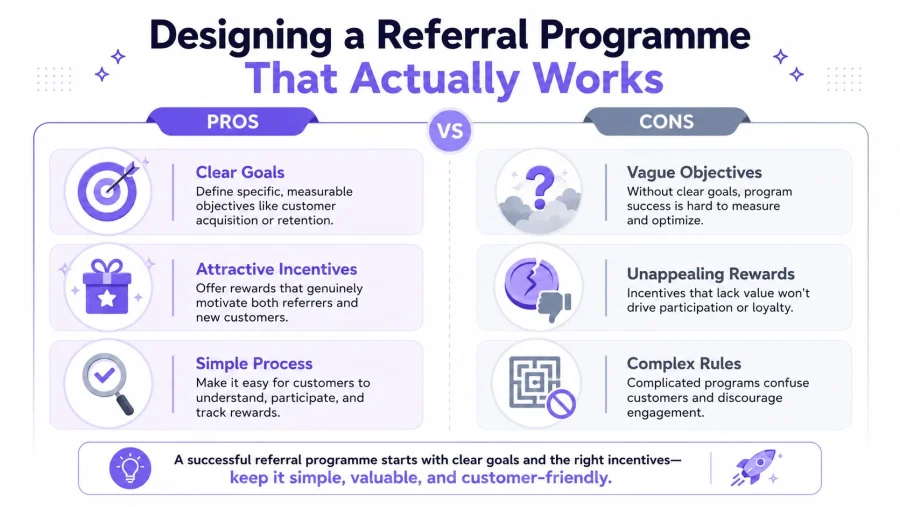 Un'infografica di confronto che mostra pro e contro della progettazione di un programma di referral clienti di successo per le aziende.