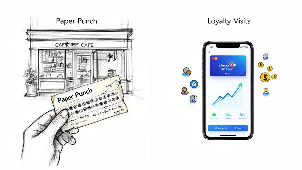 Ein Vergleich zwischen traditionellen Lochkarten aus Papier und modernen digitalen Kundenbindungsprogrammen auf einem Smartphone.