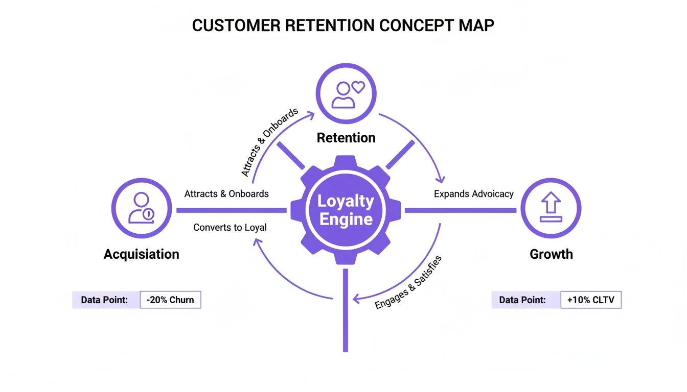 Koncepčn&iacute; mapa zn&aacute;zorňuj&iacute;c&iacute; strategii udržen&iacute; z&aacute;kazn&iacute;ků s centr&aacute;ln&iacute;m věrnostn&iacute;m syst&eacute;mem, kter&yacute; ř&iacute;d&iacute; akvizici, udržen&iacute; a růst.